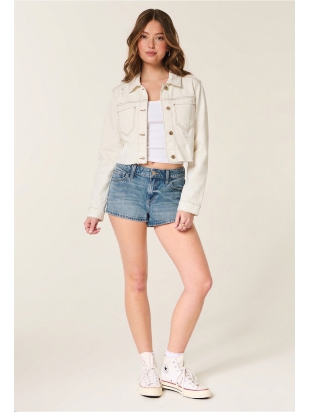 Hollister Cream Crop Denim Trucker Jacket Distressed Raw Hem Size S